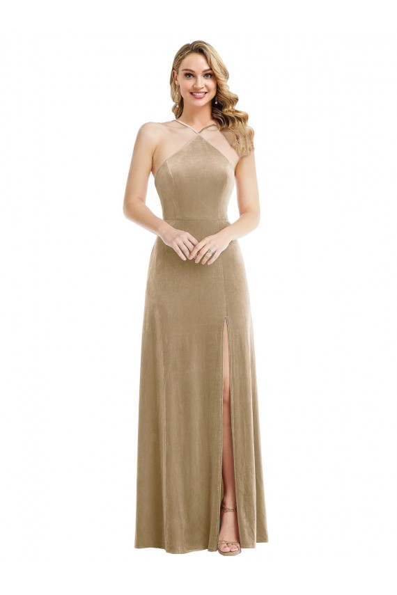 Affordable High Neck Halter Open Back Long Velvet Maxi Prom Dress with Pockets Canada