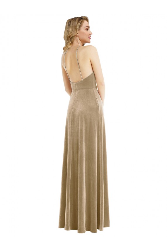 Affordable High Neck Halter Open Back Long Velvet Maxi Prom Dress with Pockets Canada