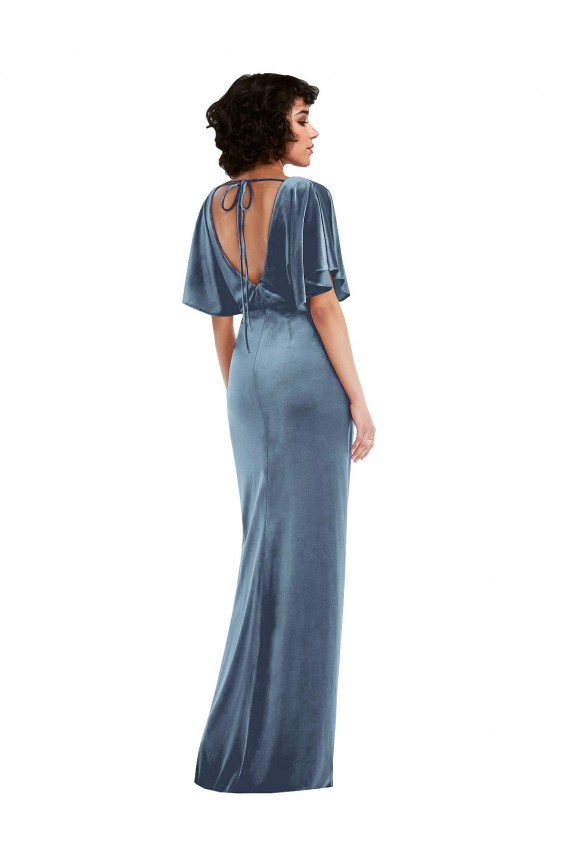 Affordable Flutter Sleeve Open Back Velvet Maxi Prom Dress with Pockets & Draped Wrap Skirt Canada