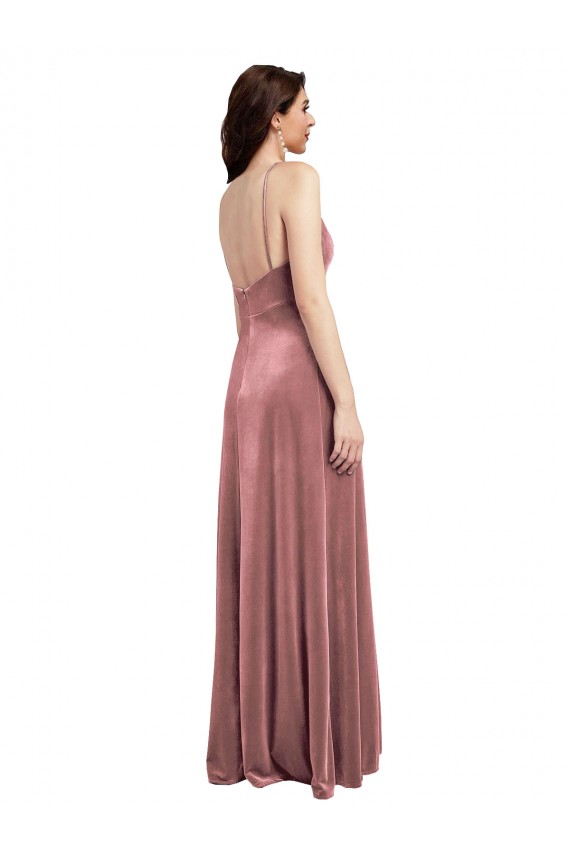 Affordable Low Scoop Back Long V-Neck Velvet Slip Prom Dress Canada