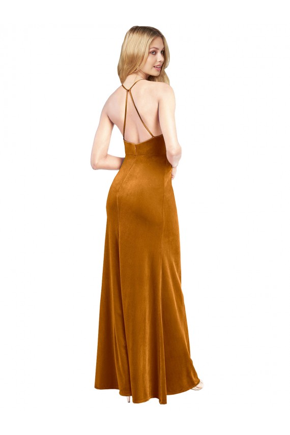 Affordable Halter Neckline Long Full Length Velvet Prom Dress with Strappy Back Canada