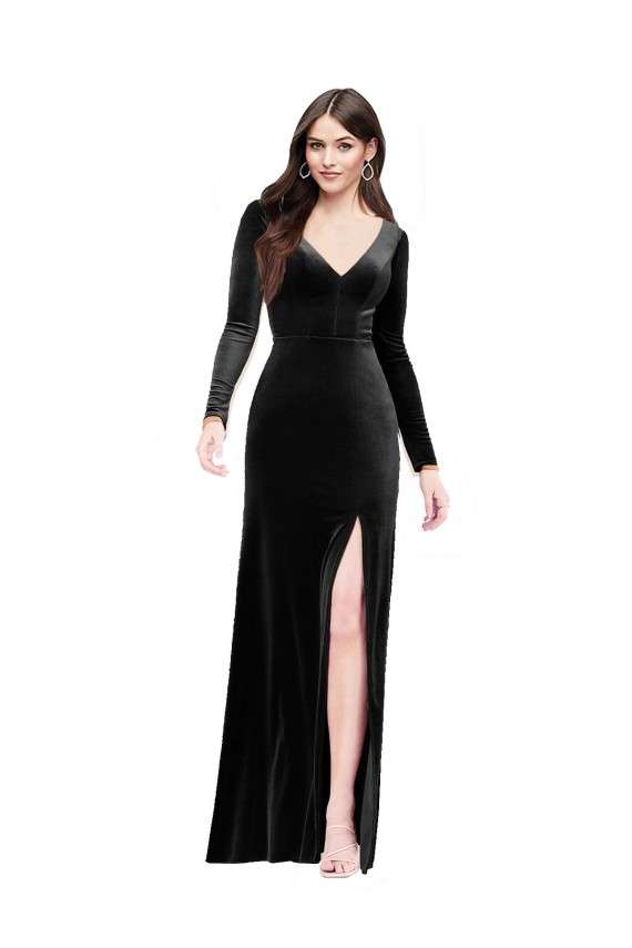 Affordable Long Sleeves Velvet Prom Dress with V-Neckline and Thigh Slit Canada