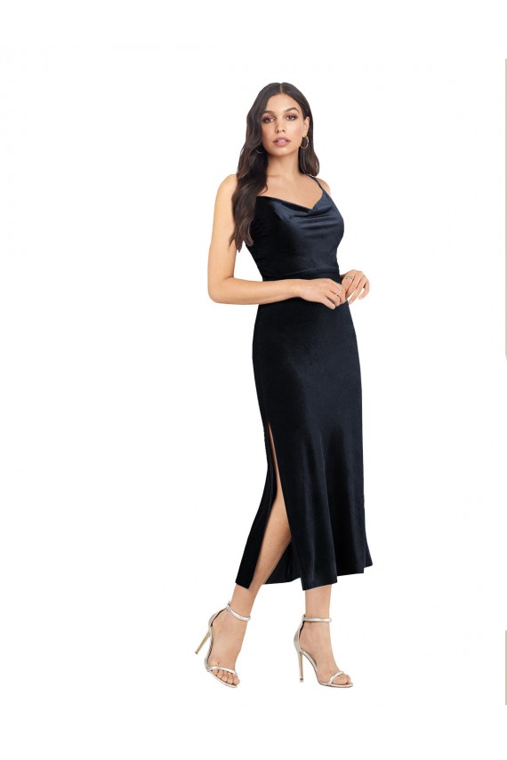 Affordable Midi Length Velvet Cocktail Prom Dress / Homecoming Dress with Cowl Neck and Spaghetti Straps Canada