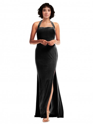 Affordable Empire Waist Stretch Velvet Prom Dress with Halter Strap Canada