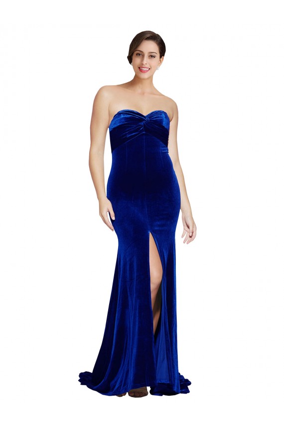 Affordable Strapless Ruched Velvet Prom Dress with Sweep Train and Front Slit Canada