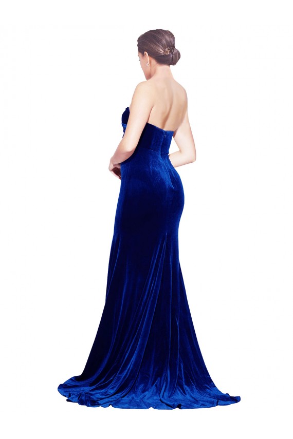 Affordable Strapless Ruched Velvet Prom Dress with Sweep Train and Front Slit Canada