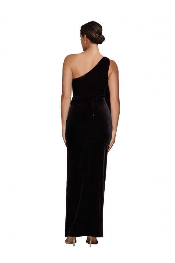 Affordable One Shoulder Long Velvet Prom Dress with Side Split and Shoulder Tie Canada